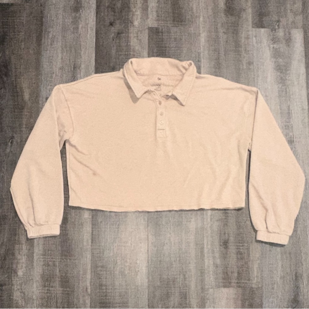 💞 Women’s Relaxed Fit Medium Beige Cropped Long Sleeve Polo Shirt